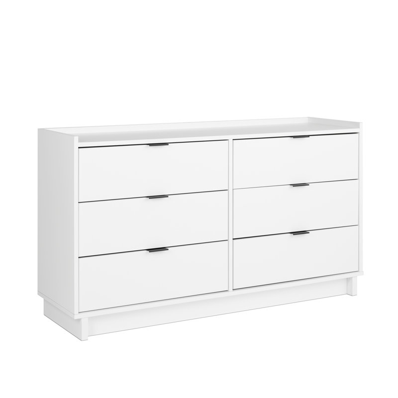 Commode double à 6 tiroirs de 52,5 po de largeur pour la chambre à coucher, commode, mobilier de chambre à coucher moderne Chaunta, P 16 po x l 52,5 po x H 29,5 po, blanc