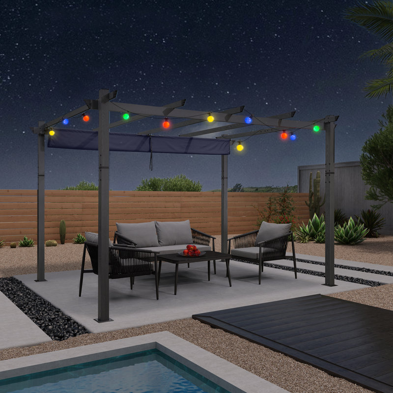 Pergola en aluminium avec auvent, Bleu marine, 9,9 pi x 12,9 pi