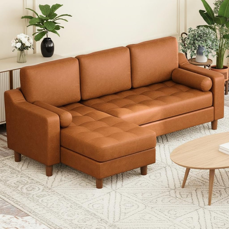 88.9" L-Shape Leather Sectional with Chaise, Cognac Tan, Orange