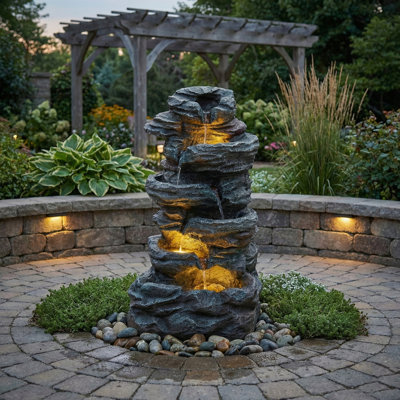 Fontaine en cascade naturelle à 6 niveaux avec 3 lumières DEL, terrasse autoportante et décor de cour