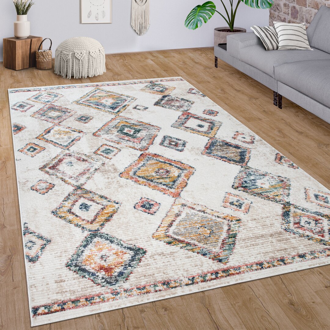 Veschi Living Room Short Pile Ethno Boho 3D Lozenge Bright Modern Power Loom Beige/Orange/Blue Area Rug