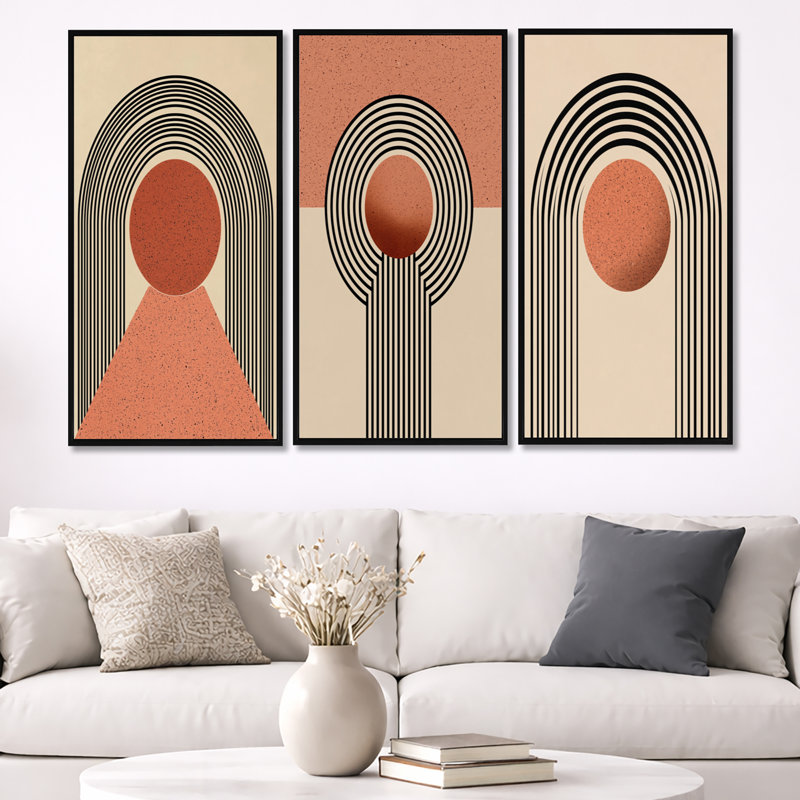 Vortex rétro orange et noir - décoration murale abstraite encadrée de style Mid-Century à 3 panneaux, H 40 po x l 60 po