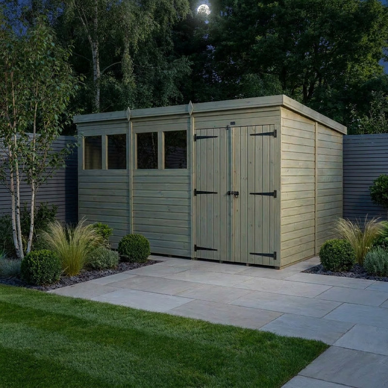 Total Sheds 12ft x 9ft Pent Garden Shed - Double Door - With Windows - Pressure Treated Timber - UK Manufactured