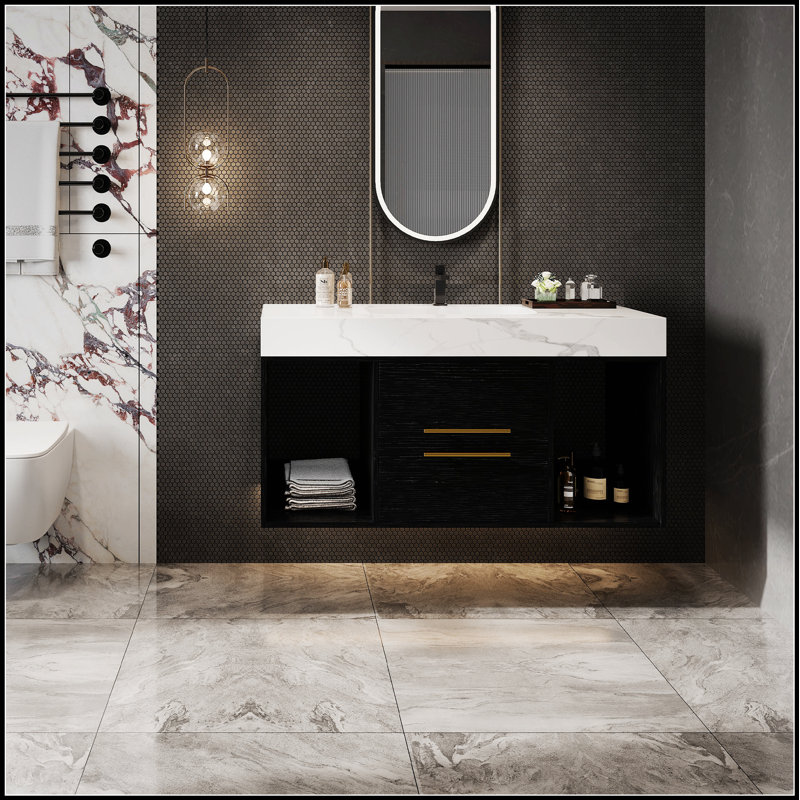 Meuble-lavabo de salle de bain avec lavabo en céramique, conception flottante, armoire de rangement murale avec tiroirs et espaces, style moderne avec poignées en métal