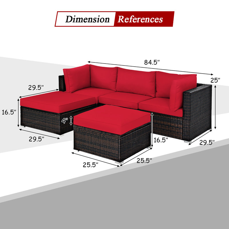 Ensemble de conversation modulaire en rotin 3 pièces avec coussins Awar, Rouge
