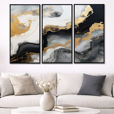 Glam Gold Flows - ensemble d'art mural en marbre noir