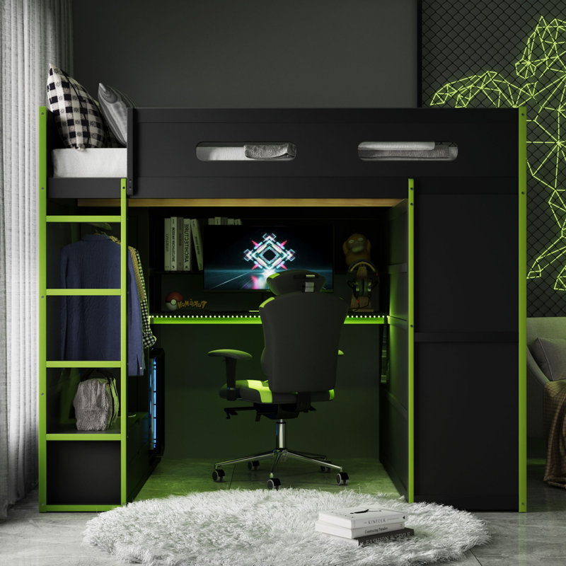 Full Size Wood Loft Bed with Desk, Wardrobe, Spacious Storage & RGB Lights, Space-Saving Bedroom Bed, Green, Green
