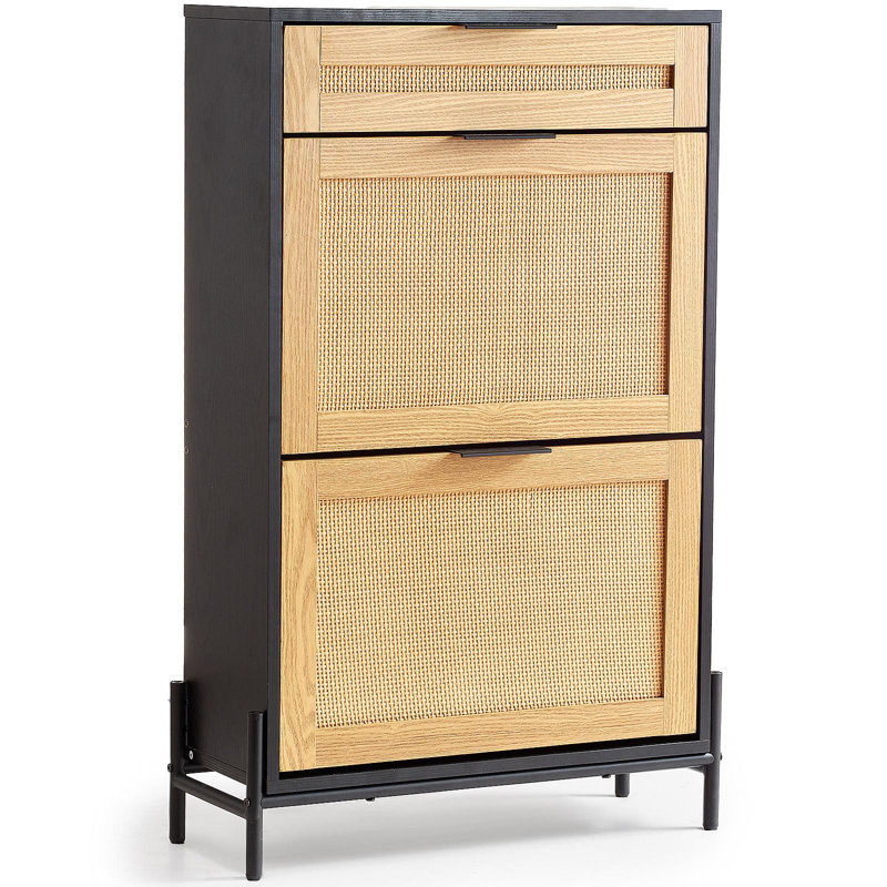 Rattan Shoe Cabinet, Narrow Shoe Storage Organizer With 2 Flip Rattan Drawers & 1 Slide Drawer, Metal Legs, Slim Shoe Entryway Cabinet Ideal For Entryway, Closet, Hallway, Black