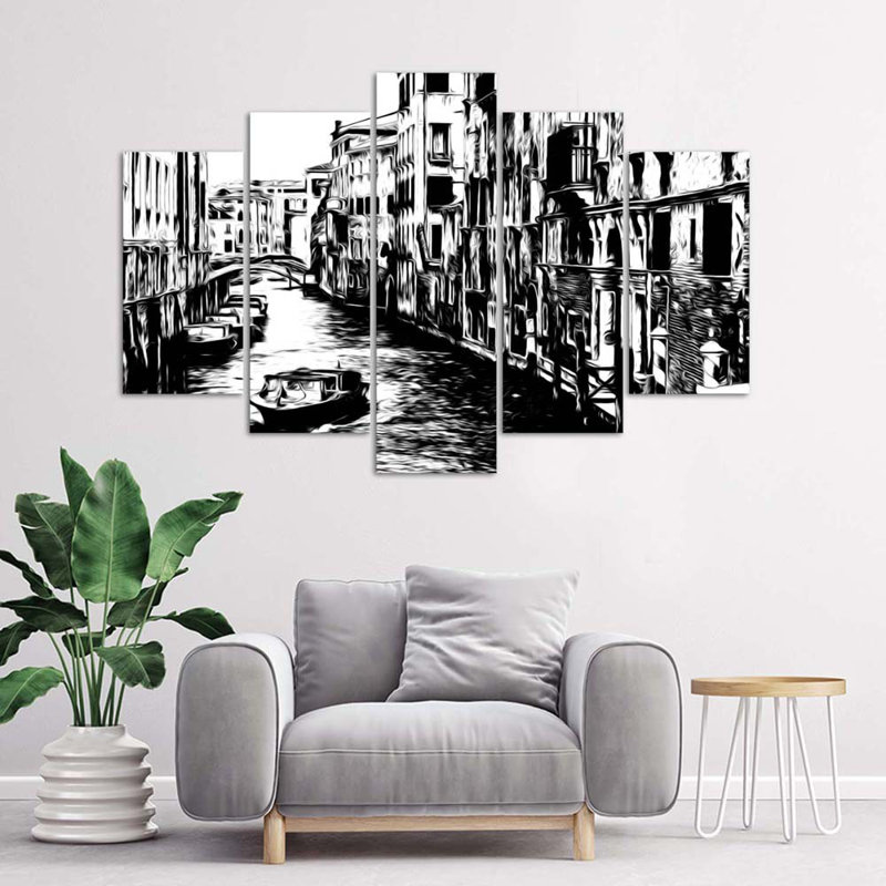 Venice, Italy In Black And White - 5 Piece No Frame Print on Canvas, 100cm H x 200cm W