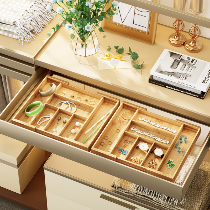 Kitchen Utensil Silverware Drawer Organizer - Bamboo Flatware Cutlery Tray With 5 Compartment And 2 Expandable Dividers For ALL SIZE Forks Knives And Spoons