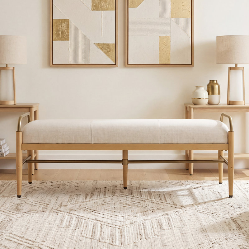 Modern Bench With Metal Frame, Linen Beige/Natural