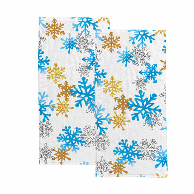 Blue Golden Snowflakes Microfiber Hand Towels - Absorbent 30x15 Inch Set for Bathroom, Kitchen, Gym, Spa, and Bar