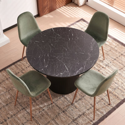 Dining Table Set for 4, Black 47 Inch Wooden Round Dining Table Set, Space Saving (Table + 4 Green Chairs)