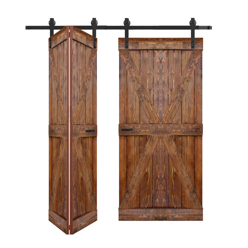Porte de grange double pliante en bois massif de style K avec ensemble de quincaillerie - Assemblage requis, 60 po x 84 po