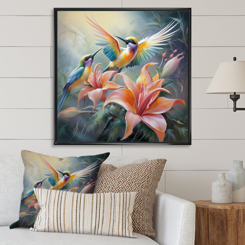 Fleurs tropicales avec un bel oiseau, H 36 po x l 36 po x P 1,5 po, Cadre flottant noir