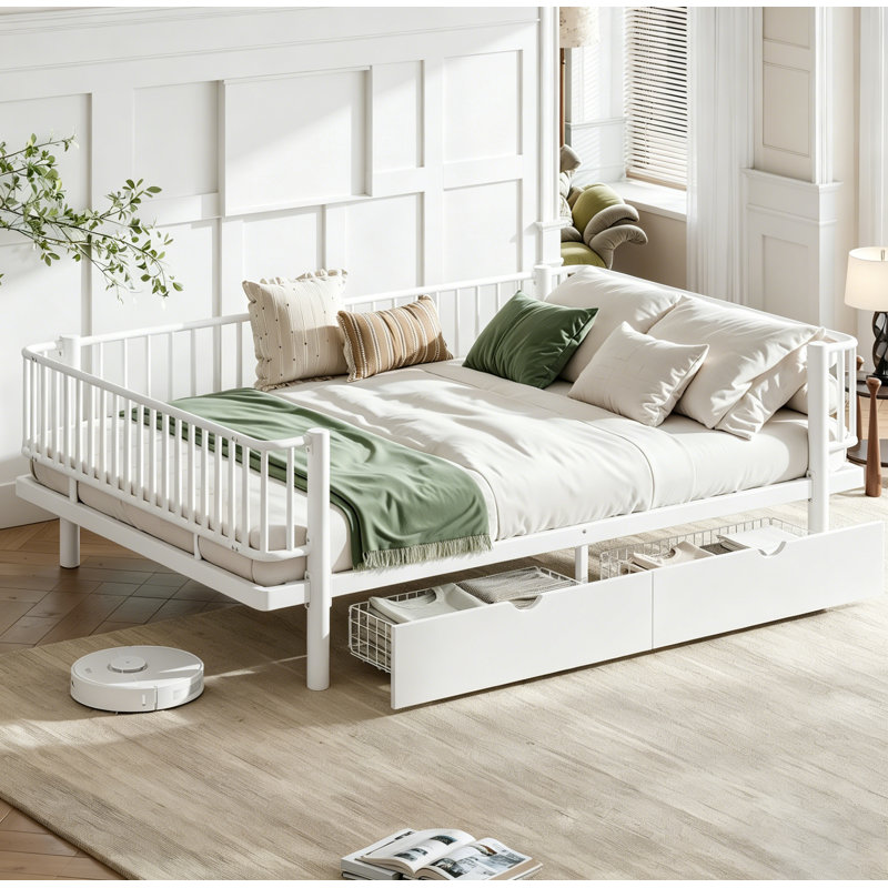 Lit plateforme grand avec tiroirs de rangement, structure de lit de jour en métal avec conception de tuyau rond de sécurité améliorée, conception à profil bas, blanc