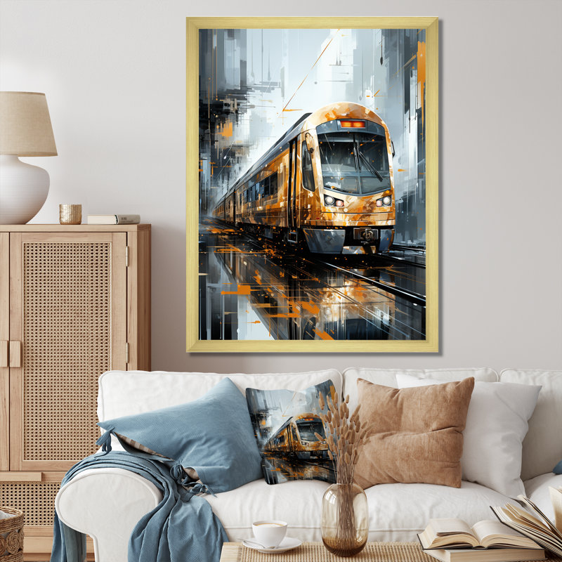 Golden Train géométrique Momentum II - impression, Encadrement doré, H 32 po x l 24 po x P 1 po