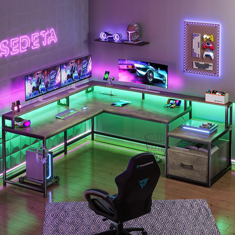 L-Shaped Computer Desk with Power Outlet, Walnut