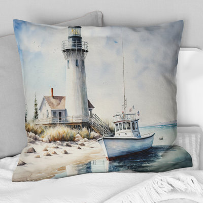 Oreiller imprimé bateau de pêche et phare I - plage côtière