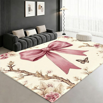 Tapis floral rétro à motif de papillons roses, motif esthétique moelleux et doux, tapis antidérapant doux et durable lavable à la machine, décoration intérieure élégante pour le salon, la chambre à coucher, le dortoir, un appartement