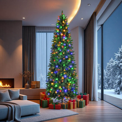 Arbre de Noël artificiel 7,5 pi avec lumières multicolores et base en métal