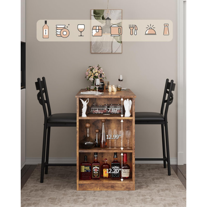 Ensemble de table de bar 3 pièces avec dessus rabattable et rangement pour petite cuisine, Brun