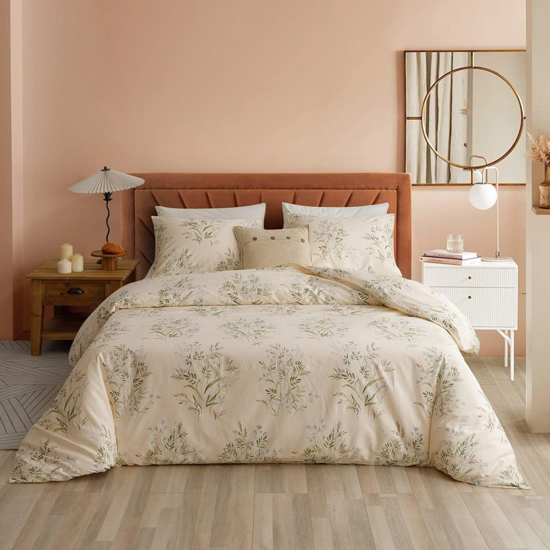 3 PCS Mini Leaves Duvet Cover Ultra Soft & Breathable Comforter Cover, Beige/Green/Blue Floral, King Duvet Cover + 2 Shams