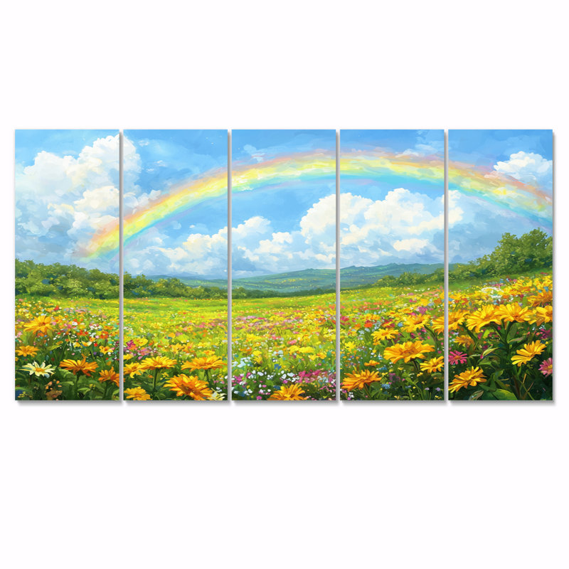 Arc-en-ciel dans le champ de fleurs sauvages - art mural arc-en-ciel - ensemble d'art mural traditionnel, H 32 po x l 80 po