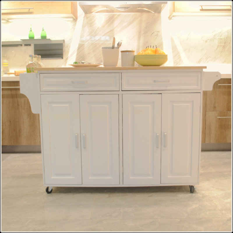 Kitchen Island & Kitchen Cart, Mobile Kitchen Island, Rubber Wood Top, Big & Adjustable Shelf Inside Cabinet For Different Utensils, Luxury Design Fits Party At Different Site.