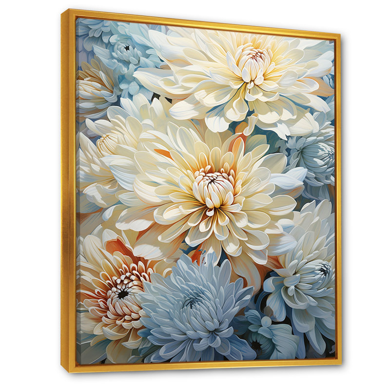 «Simplicity Mums Bloom» en beige et bleu discret sur toile, H 20 po x l 12 po x P 1 po, Cadre flottant doré