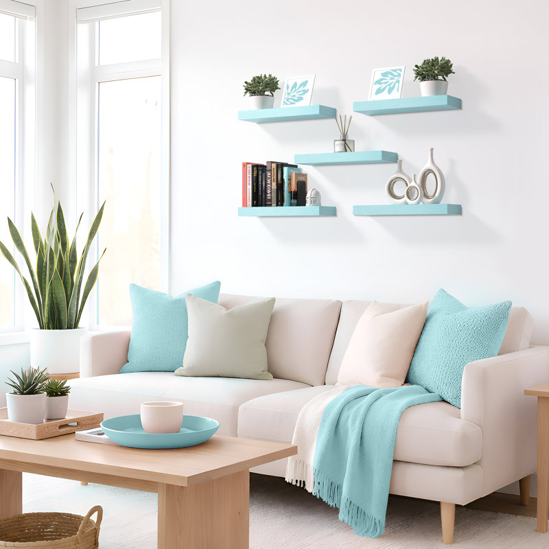Sorbus Floating Shelves for Wall – 16 Inch Floating Shelf for Kitchen, Bedroom, Living Room, Bathroom, Home & Wall Decor - Mounted Bathroom Shelves with Invisible Brackets - 5 Pack - Breezy Blue