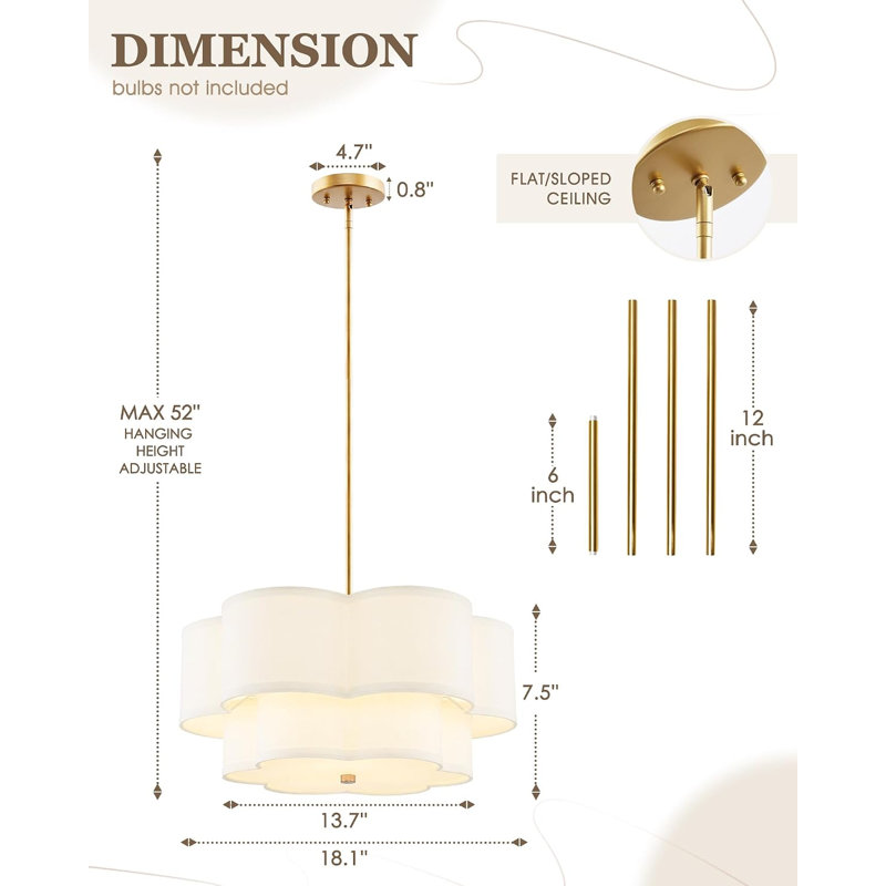 Lustre tambour en tissu doré de 45,7 cm (18 po), luminaire de salle à manger à 3 lumières, abat-jour double couche en tissu blanc à 6 pétales en forme de fleur, hauteur réglable, compatible avec les sols plats et inclinés, certifié ETL