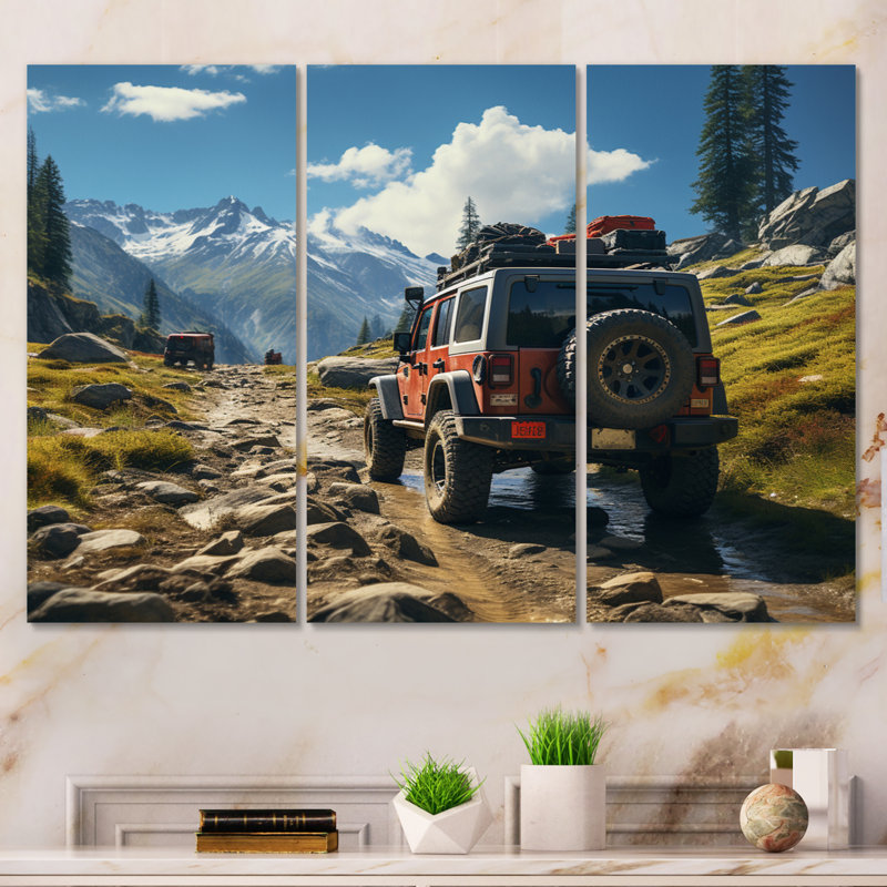 Red Jeep In USA Yosemite National Park - Ensemble de décoration murale en métal USA, 28" H x 36" W, Unframed Metal