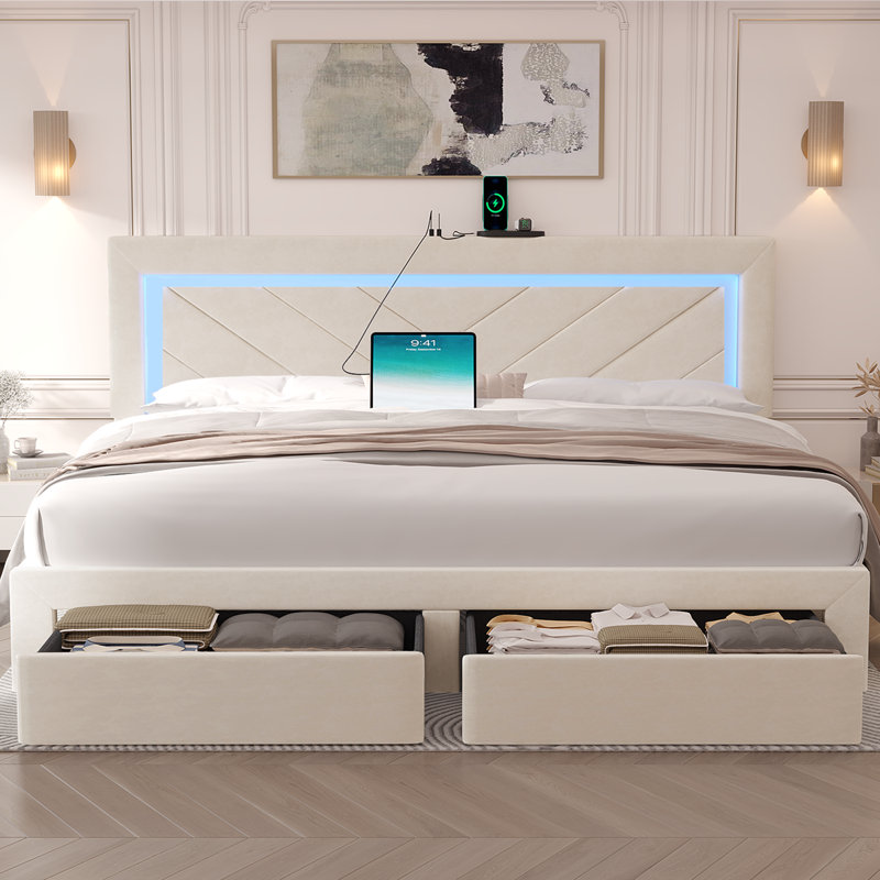 Upholstered Bed Frame with Adjustable Charged LED Headboard and Storage Drawers, Cream, King