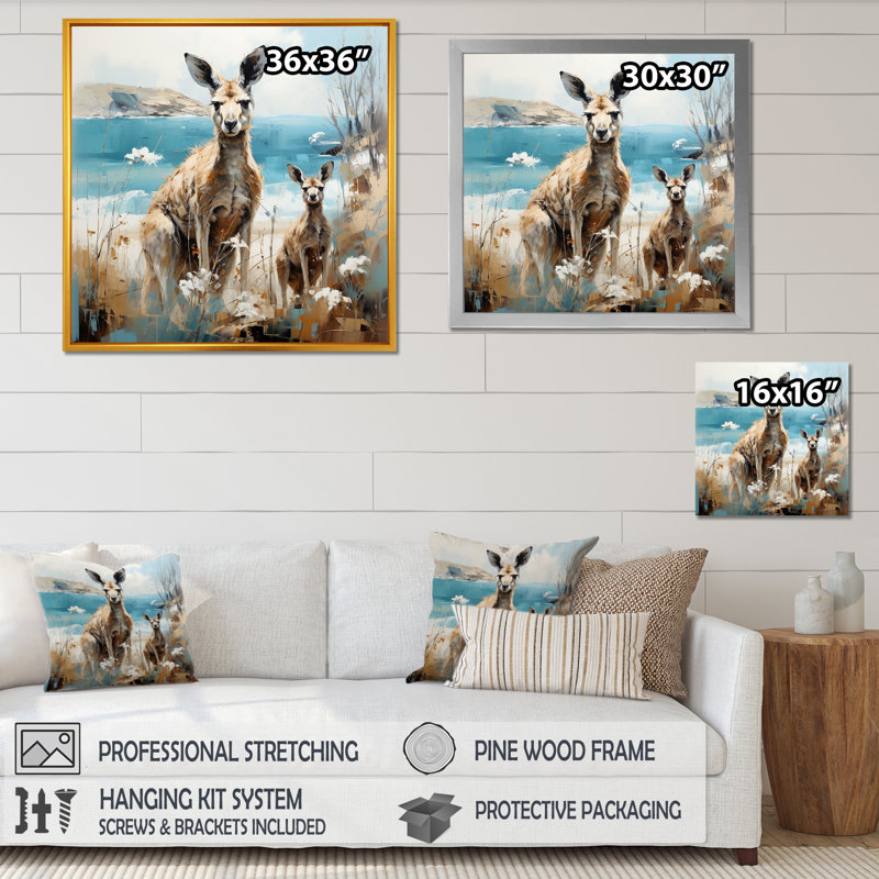 «Kangaroo Family In Australie Coast I», reproduction sur toile, Cadre simple argenté, H 30 po x l 30 po x P 1 po