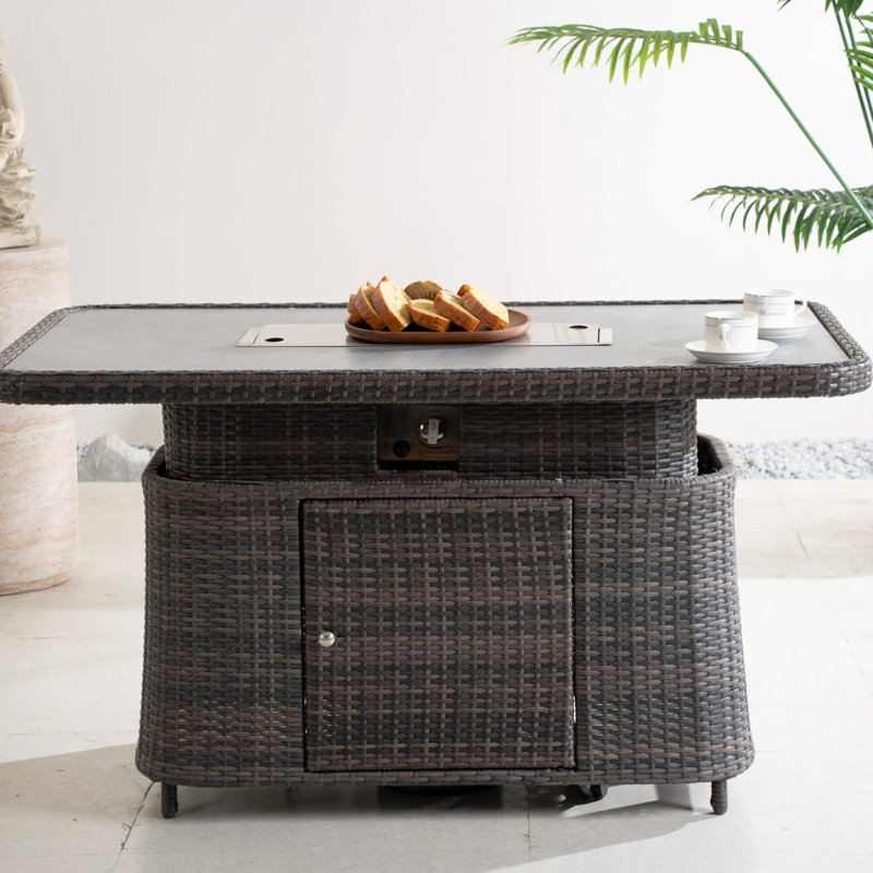 Table de foyer d'extérieur réglable en aluminium avec plateau en verre trempé - Design multifonctionnel en osier, Brun