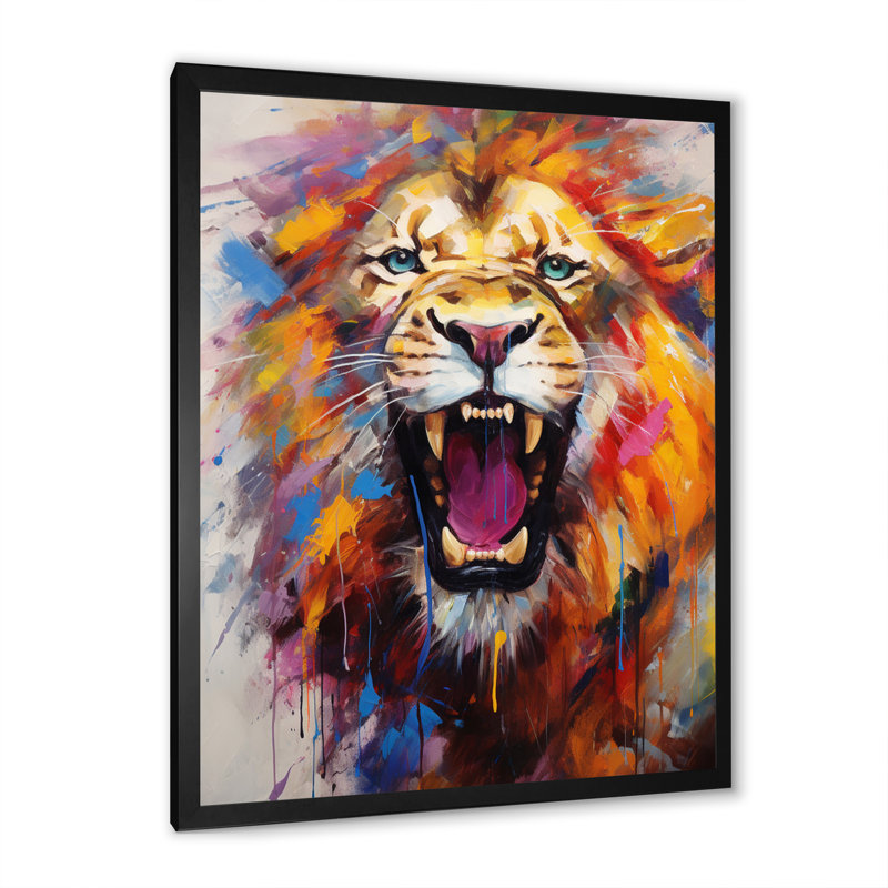 Abstrait lion rugissant - Lion, art mural, Cadre simple noir, H 20 po x l 12 po x P 1 po