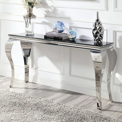 Console classique avec plateau en verre noir et structure en acier inoxydable argenté pour salon, métal