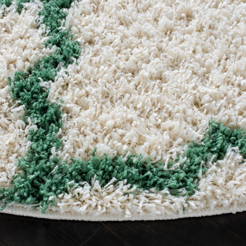 Tapis à motif géométrique ivoire / vert Suez, Rond 6 pi 7 po