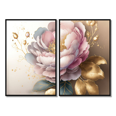 Rose et or Camellia II - art mural grand camélia 2 pièces