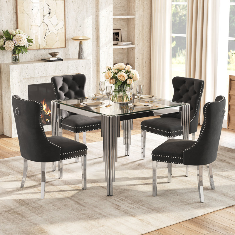 Modern Metal And Glass Dining Table Set With 4 Luxury Velvet Dining Chairs, Clear, Black/Silver, Silver