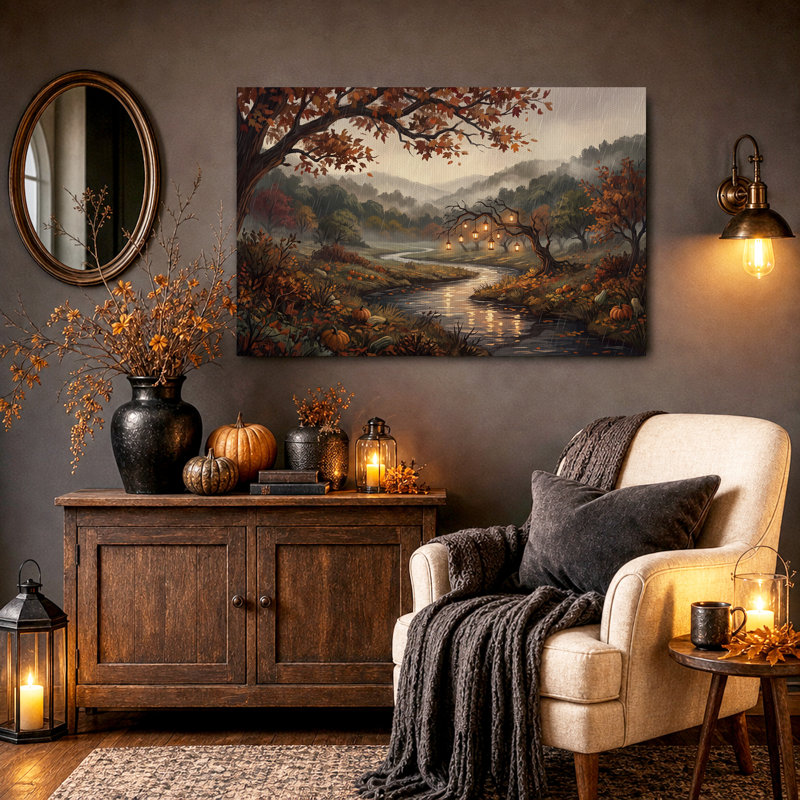 Automne rivière avec citrouilles et lanternes, art mural d'Halloween, H 24 po x l 36 po