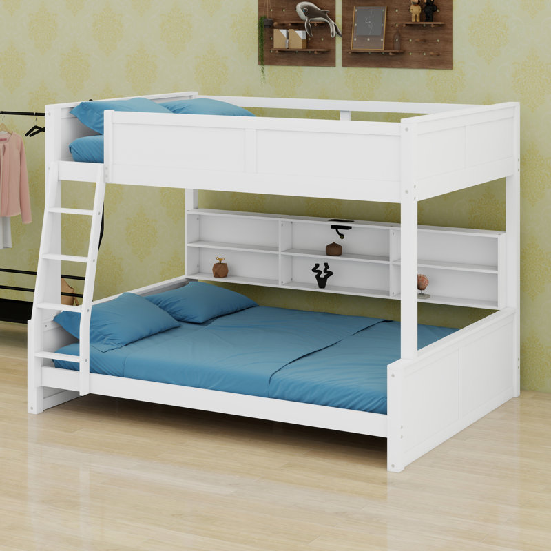 Pine Wood Bunk Bed With Storage Cabinets,Shelves, Ladder, Guardrails And Charging Station, Antique White, Full XL Over Queen