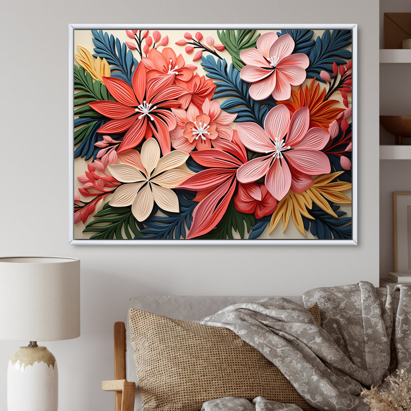 Motif de jungle tropicale rose floral IV - Art mural floral, Cadre flottant blanc, H 30 po x l 40 po x P 1,5 po