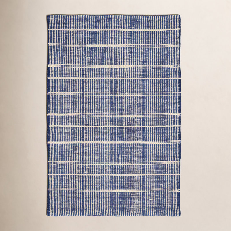 Bunny Williams Striped Handmade Dhurrie Navy/Beige Indoor / Outdoor Area Rug, Rectangle 9'6" x 13'6"