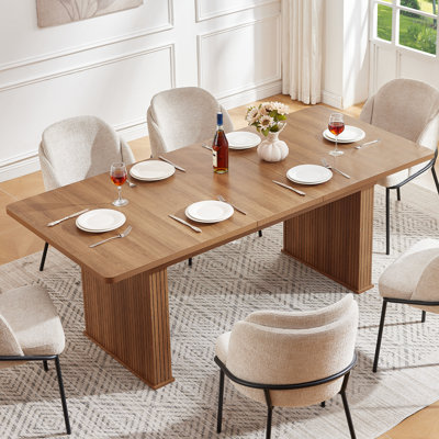 63''–79'' Extendable Dining Table, Rectangle Wood Kitchen Table with Double Pedestal Base for 6–10 People, Modern Expandable Dining Room Table for Family Gatherings and Entertaining