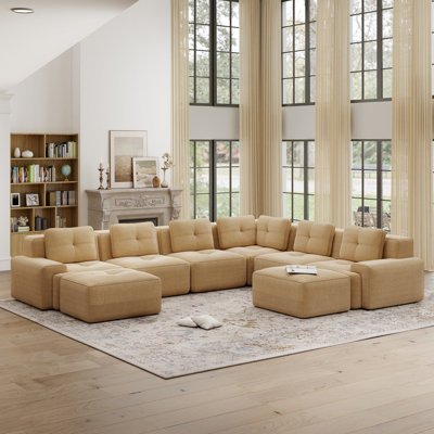 Canapé modulaire en velours côtelé de 151 po en forme de V de 6 places avec deux repose-pieds, pour le salon et le cinéma maison ， Chameau