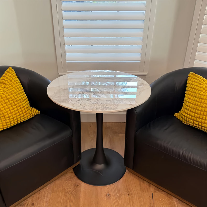 Table bistro de cuisine ronde avec plateau en pierre frittée, H 30,9 po x l 30,9 po x P 33,66 po, Blanc / émeraude, Noir
