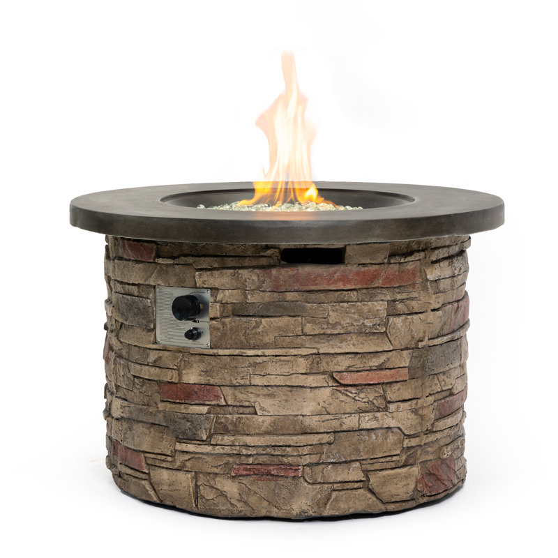 The 24"H x 36"W Grand Round Fire Pit Table with Modern Faux Stone & Concrete top, Seamless Tank Storage (60,000 BTU).