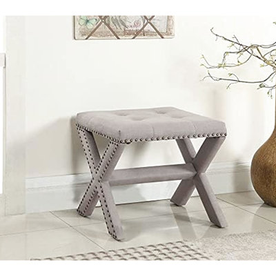 Banc d'entrée en tissu d'ameublement en mélange de lin gris avec design et garniture cloutée, structure en bois durable, mousse haute densité, garniture de l 19 po x l 17 po pour salon, bois d'ingénierie